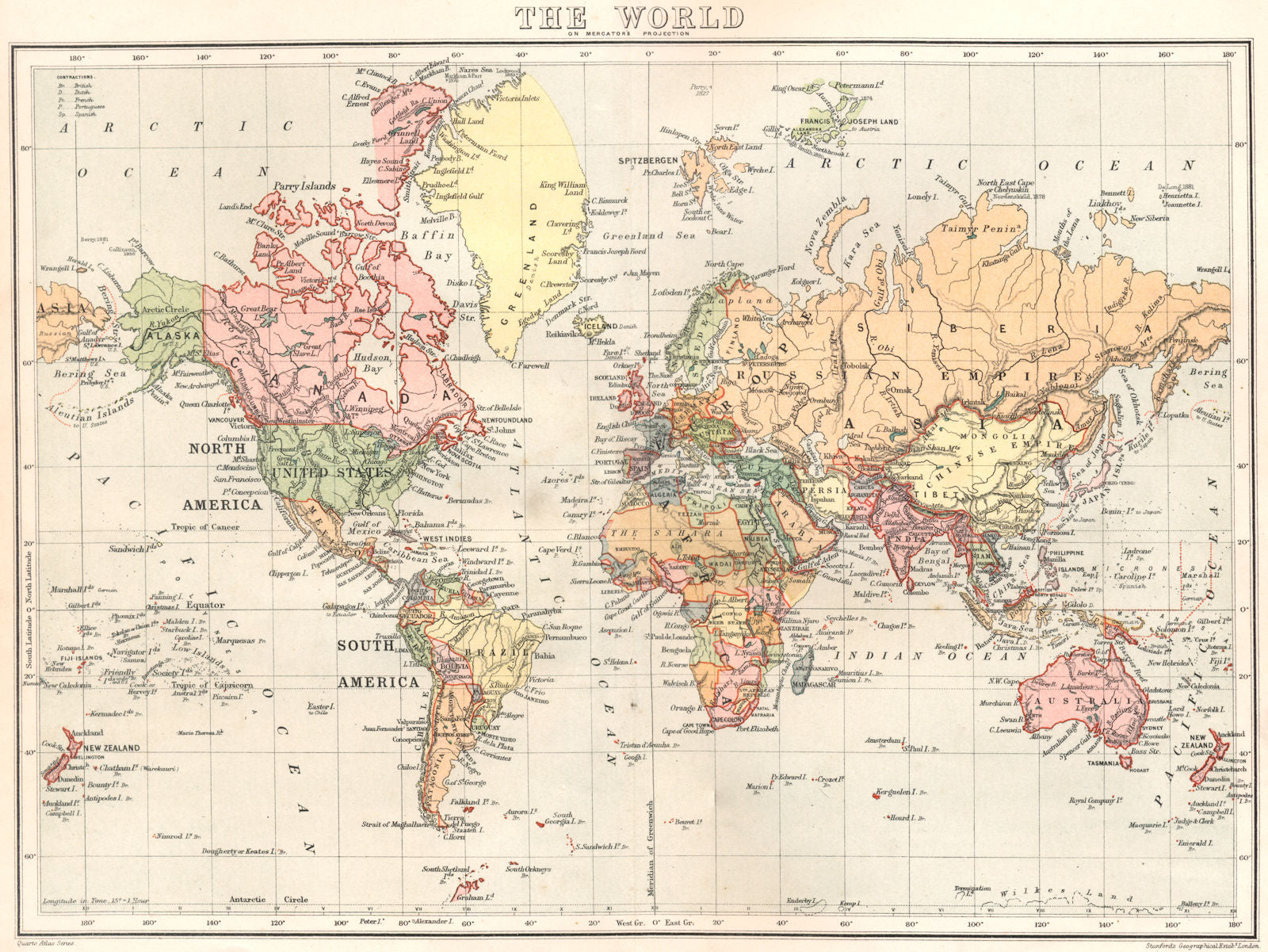 WORLD. The World. Stanford 1892 old antique vintage map plan chart